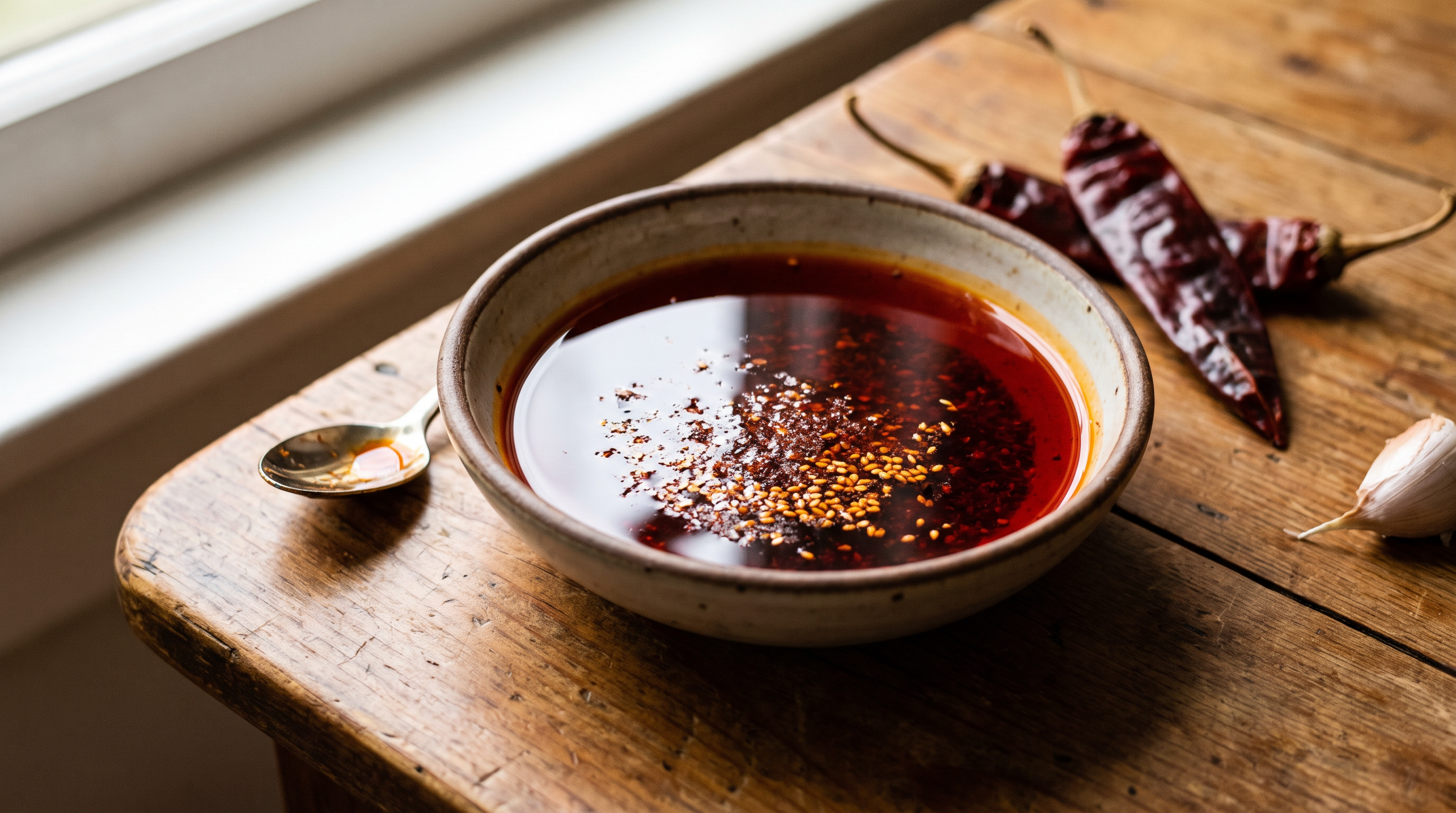 A bowl of salsa macha chili oil topped with sesame seeds, toasted chile flakes and salt, beside dried chiles and garlic on a sunlit wooden table.