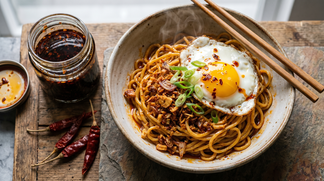 A bowl of chili oil garlic noodles topped with a runny fried egg, crispy fried garlic and shallots, and sliced green onions, with an open jar of Chili Flores chili oil and dried chilies alongside.