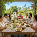 Group of people enjoying a meal together outdoors at a wooden table.