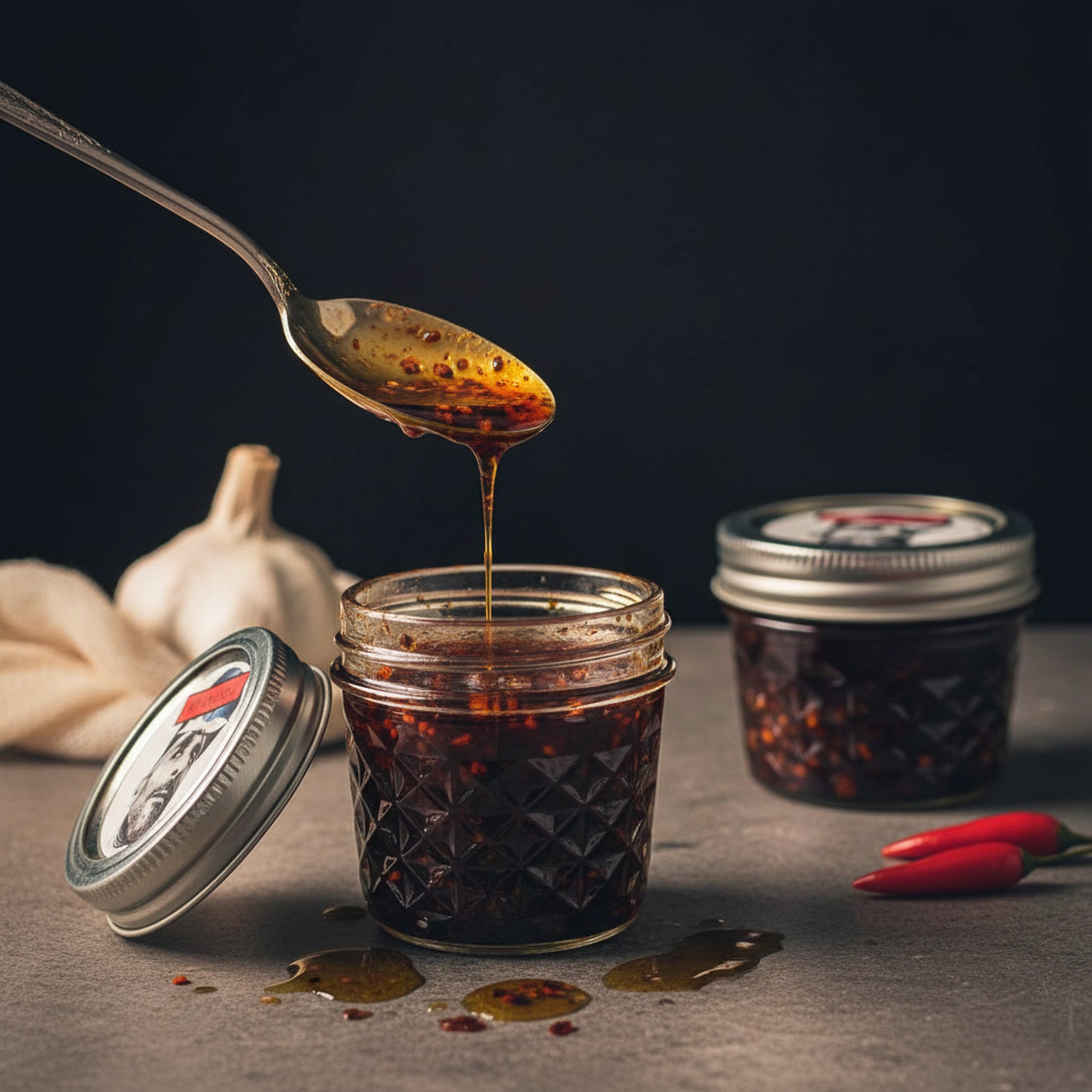 Jar of Chili Flores chili sauce with a spoon dripping into it, surrounded by garlic and red peppers on a dark background.