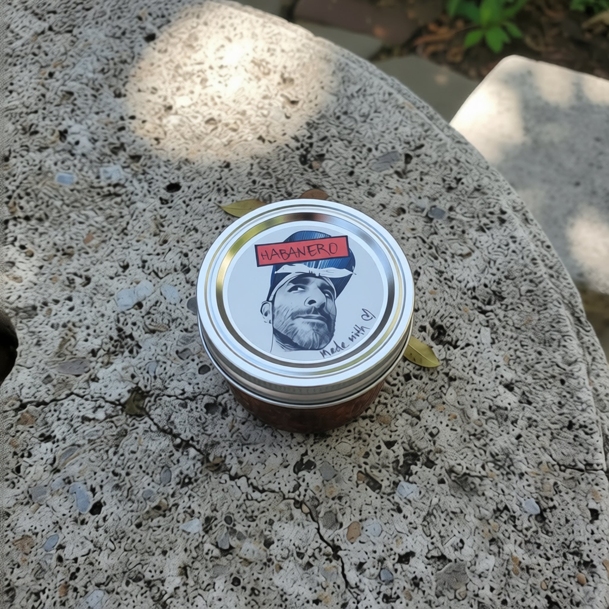 Chili Flores jar with a lid featuring a face design on a textured stone surface