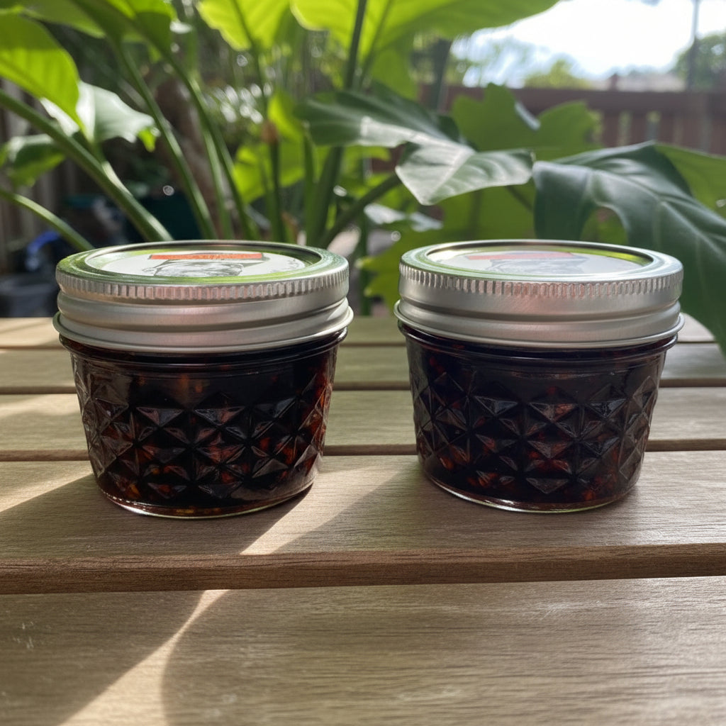 Two jars of jam on a wooden surface with plants in the background